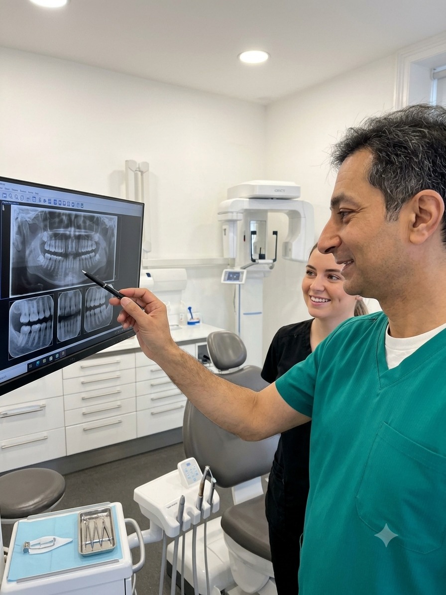 Dentist reviewing an X-ray with a colleague at The Greens Dental Surgery